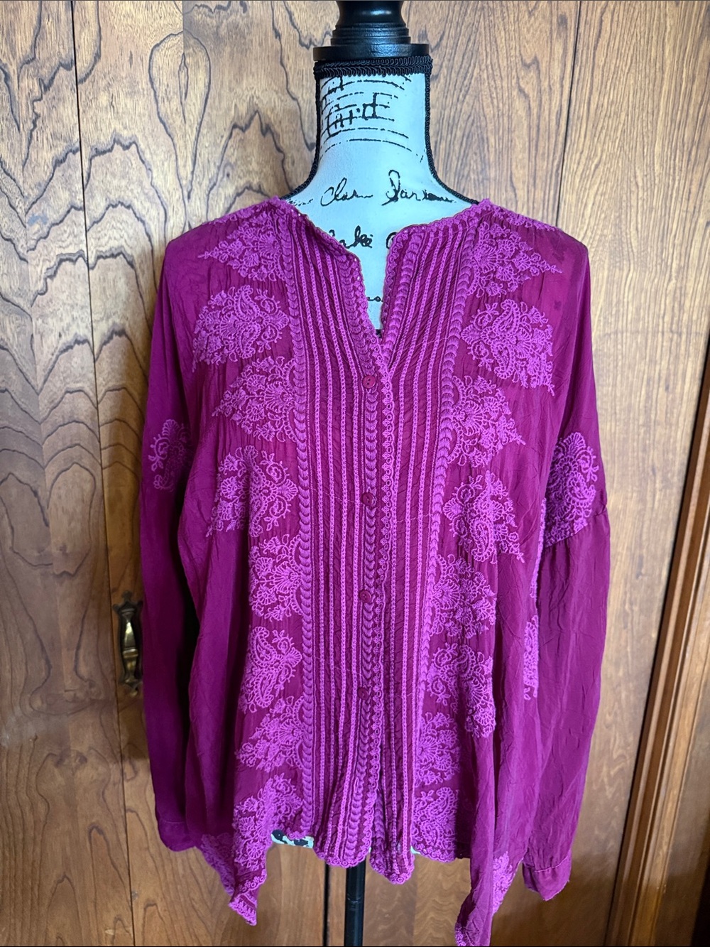 Johnny Was Magenta Embroidered Split-Neck Tunic